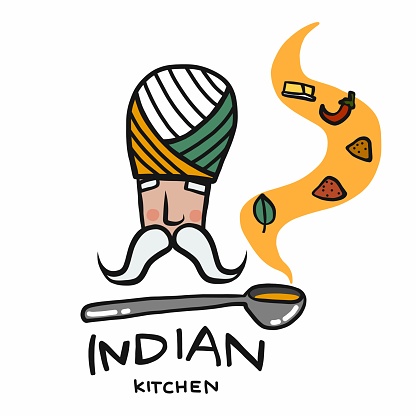 Indian kitchen logo, man with soup spoon with many spices smell cartoon vector illustration