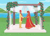 Indian wedding flat color vector illustration. Traditional oriental ceremony. Engagement under flower arch. Celebratory venue. Bride and groom 2D cartoon characters with landscape on background