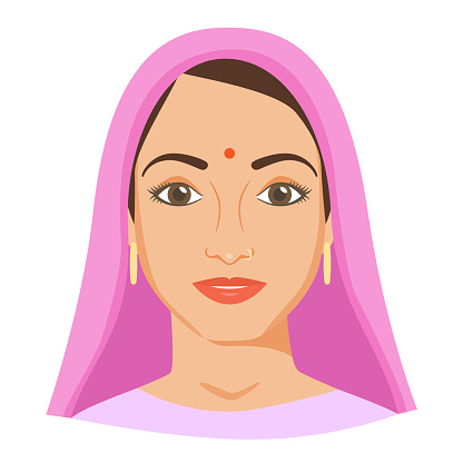 Young Indian woman face with bindi and nose piercing. Female portrait in dupatta or shawl. Natural beauty. Front view. Vector illustration.