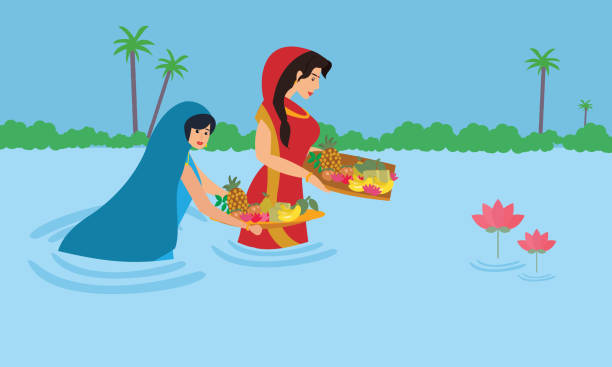 Indian women stand in water as she performs the rituals, pray and devote for Chhath Puja festival. North Indian cultural Sun festival celebration concept illustration vector. chhath stock illustrations
