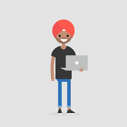 Indian young man in a turban holding a laptop. Sikh. Culture. Diversity. Lifestyle. Flat editable vector illustration, clip art