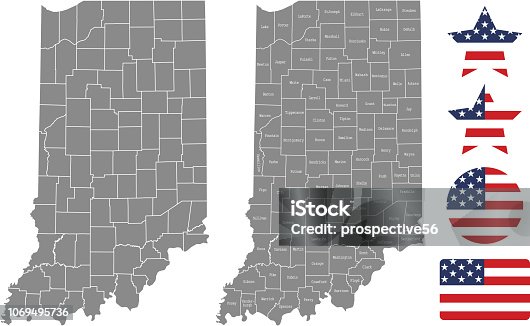 istock Indiana county map vector outline in gray background. Indiana state of USA map with counties names labeled and United States flag vector illustration designs 1069495736