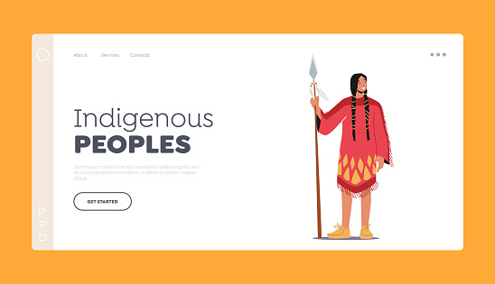 Indigenous People Landing Page Template. Indian American Female Character with Spear. Native Person in Tribal Dress, Girl Wear Carnival Costume, Indigenous Nomad Warrior. Cartoon Vector Illustration