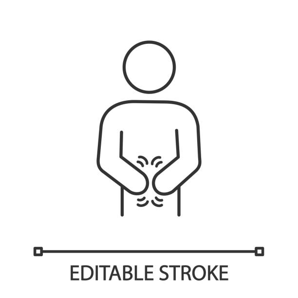 Indigestion icon Indigestion linear icon. Upset stomach. Stomachache. Digestive disorder. Irritable bowel. Diarrhea, bloating, nausea, pain. Editable stroke stomachache stock illustrations