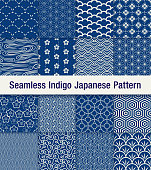 A set of 16 traditional Japanese seamless pattern set in blue. The shadow is at the top layer and can be removed easily.