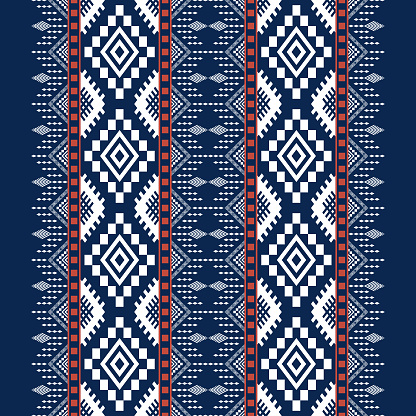 Indigo Navy 
blue Geometric ethnic oriental seamless pattern thai traditional Design for background,carpet,wallpaper,clothing,wrapping,Batik,fabric,Vector illustration.embroidery style