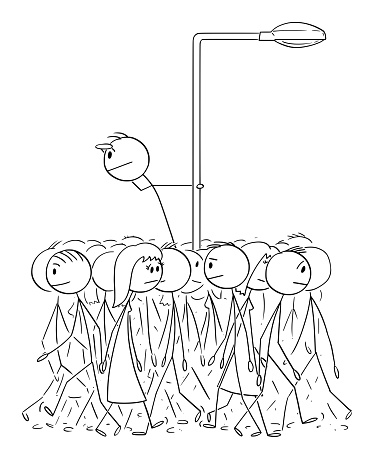 Individuality and Crowd, Searching for Opportunity, Vector Cartoon Stick Figure Illustration
