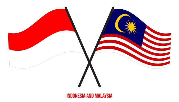 indonesia and malaysia flags crossed and waving flat style. official proportion. correct colors. - 印尼國旗 幅插畫檔、美工圖案、卡通及圖標