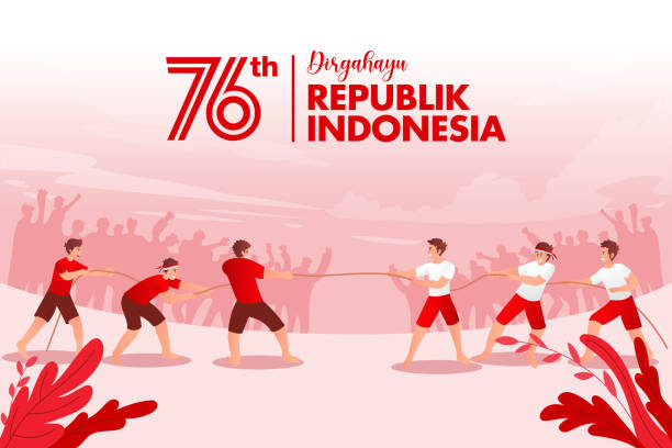 kartu ucapan hari kemerdekaan indonesia dengan ilustrasi konsep permainan tradisional - lomba 17 agustus ilustrasi stok