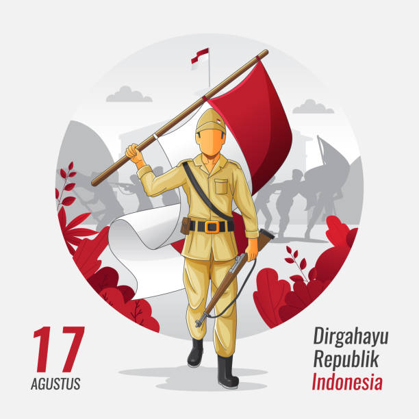 indonesian independence vector greetings card with a hero carrying flag - 印尼國旗 幅插畫檔、美工圖案、卡通及圖標
