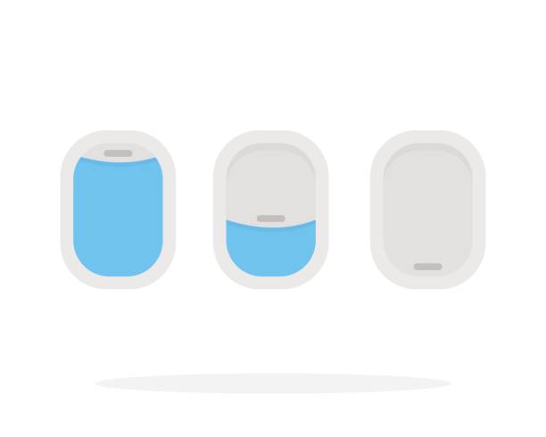 Indoor and outdoor airplane window vector flat material design isolated object on white background. Indoor and outdoor porthole vector flat material design object. Isolated illustration on white background. airplane borders stock illustrations