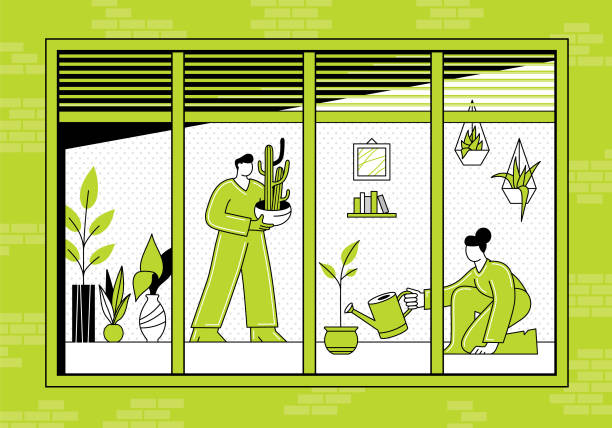 Indoor gardening Home gardening concept. Man and woman growing plants.
Editable vectors on layers. window illustrations stock illustrations