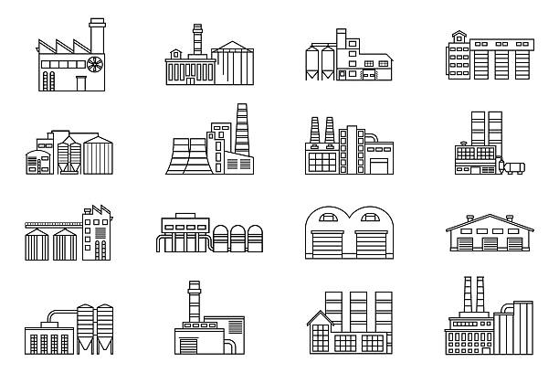 Industrial and manufacturing factory building. Industrial and manufacturing factory building. Monochrome outline vector icons factory silhouettes stock illustrations