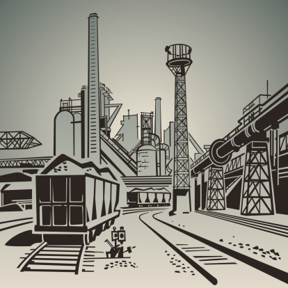 Soviet industrial landscape with railway wagons and pipes and towers illustration