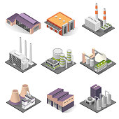 Industrial building isometric set. Factories for manufacturing, repairing, cleaning, washing. Vector illustration on white background