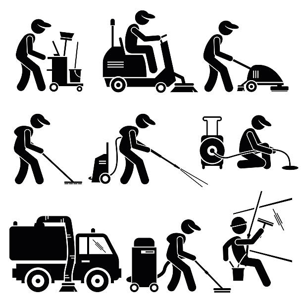 stockillustraties, clipart, cartoons en iconen met industrial cleaning worker with tools and equipment illustrations - machinerie