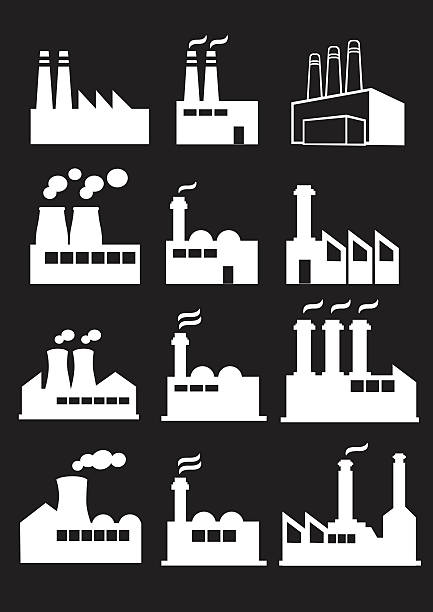 Industrial Factory with Chimneys Vector Web Icon Set Set of twelve vector illustration of industrial factories with huge chimneys in white isolated on black background. factory silhouettes stock illustrations
