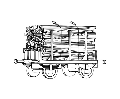 industrial freight railroad wagon with pack of wooden boards, logistic, railway cargo transportation