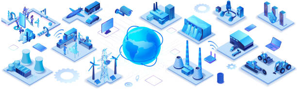 Industrial internet of things  infographic horizontal banner, blue neon concept with factory, electric power station, globe 3d isometric icon, smart transport system, mining machines, data protection Industrial internet of things  infographic horizontal banner, blue neon concept with factory, electric power station, globe 3d isometric icon, smart transport system, mining machines, data protection mining natural resources stock illustrations