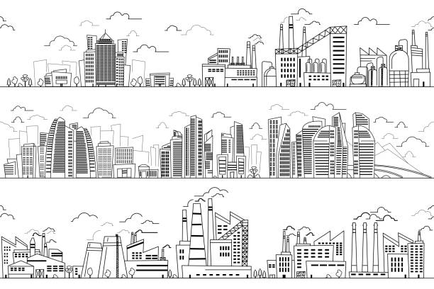 Industrial landscape and hand drawn cityscape Industrial landscape and hand drawn cityscape. Vector plants and buildings line silhouettes. Business district and industrial district with plants and factories illustration factory drawings stock illustrations