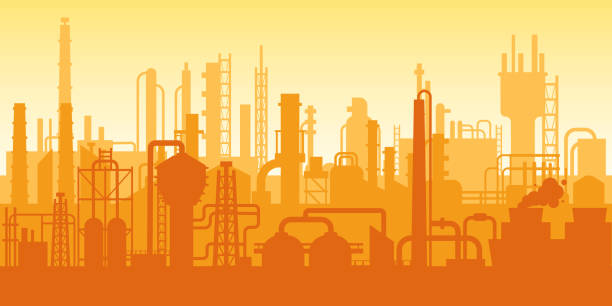 Industrial plant, factory silhouette, exterior of enterprise scene, oil refinery. Manufacturing industrial plant, factory silhouette, building of enterprise scene, manufacture industry exterior, industrial industry. Oil refinery with pipe system and silhouettes of buildings vector manufacturing silhouettes stock illustrations