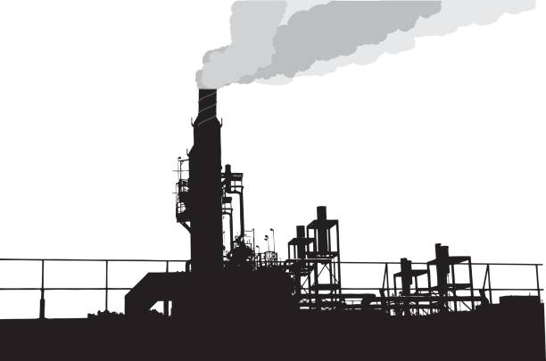 Industrial Pollustion Silhouette vector outline of an industry with a smoke stack. factory silhouettes stock illustrations