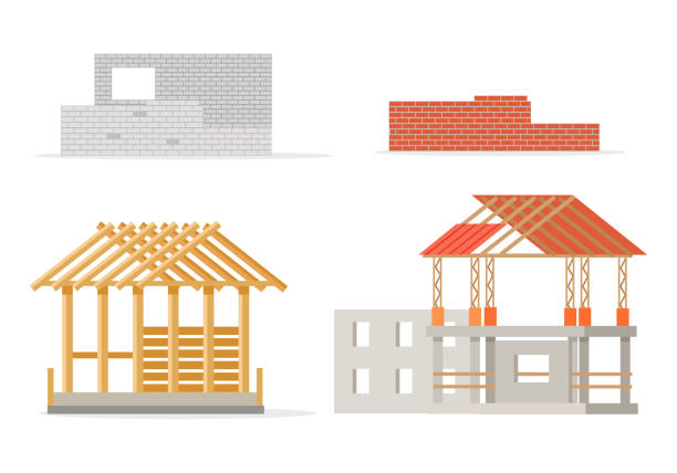 stockillustraties, clipart, cartoons en iconen met industrieel proces van de bouw van nieuw huis. stadia - duurzaam bouwen