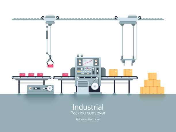 ilustraciones, imágenes clip art, dibujos animados e iconos de stock de ilustración de vector plano producción industrial fábrica transportador - production line