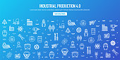 Industrial production index outline style web banner design. Line vector icons for infographics, mobile and web designs.