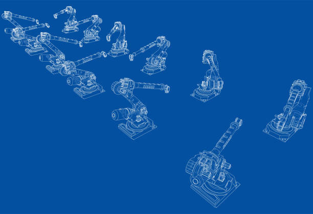 A industrial robots manipulators A industrial robots manipulators. Blueprint style. Vector rendering from 3D model robot drawings stock illustrations