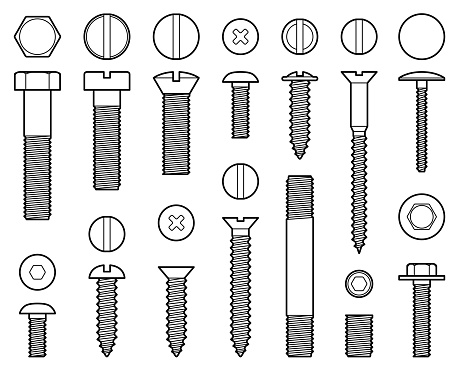 Industrial screws bolts, nuts and nails line vector icons. Bolt with screw, nut for fix work illustration