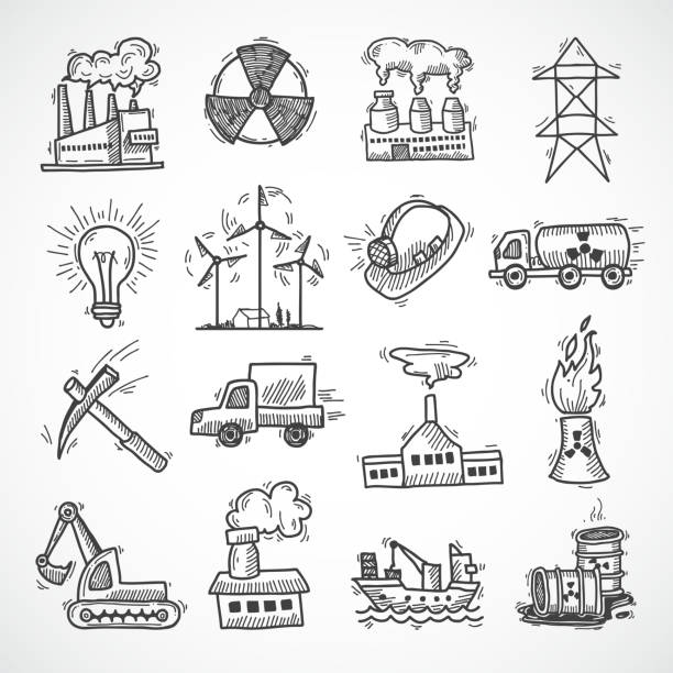 industrial sketch icon set Industrial sketch icon set with oil fuel electricity and energy industry symbols isolated vector illustration factory drawings stock illustrations