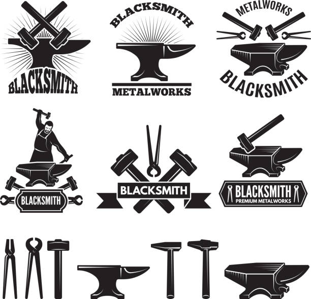 Industrial symbol set. Labels for blacksmith. Vector design template with place for your text Industrial symbol set. Labels for blacksmith. Vector design template with place for your text. Blacksmith and workshop, hammer and anvil emblem illustration blacksmith stock illustrations