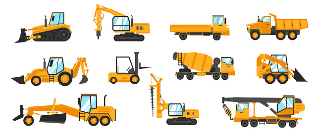 Industrial vehicles. Cartoon construction trucks and heavy machinery. Bulldozer and excavator. Building crane or loader. Cargo lorry. Vector earthwork machines and work automobiles set