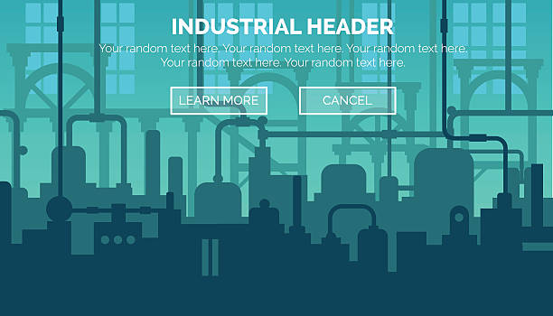 Industrial web site header template Abstract industrial manufacturing plant scene with ambient light, pipes and machinery. Web template for website header or decoration. manufacturing silhouettes stock illustrations