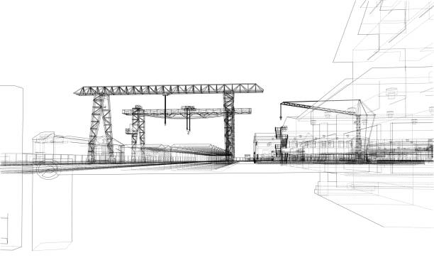 Industrial zone with buildings and cranes Industrial zone with buildings and cranes. Vector rendering of 3d factory designs stock illustrations