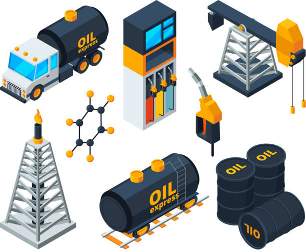 ilustraciones, imágenes clip art, dibujos animados e iconos de stock de industria de ilustraciones 3d isométricas de petróleo y refinación de gas - gas pump