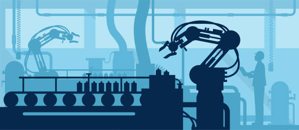 Industry 4.0 concept, Silhouette of automated production line with worker. Vector eps 10 manufacturing silhouettes stock illustrations