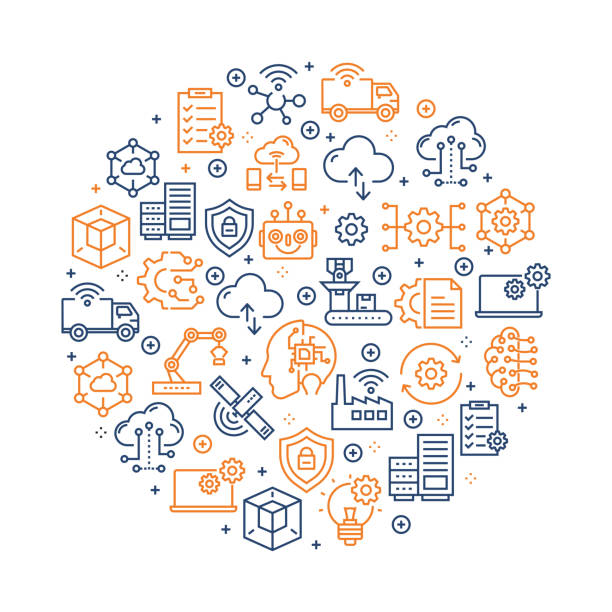 Industry 4.0 Pattern Design - Colorful Line Icons arranged in circle Industry 4.0 Pattern Design - Colorful Line Icons arranged in circle factory designs stock illustrations