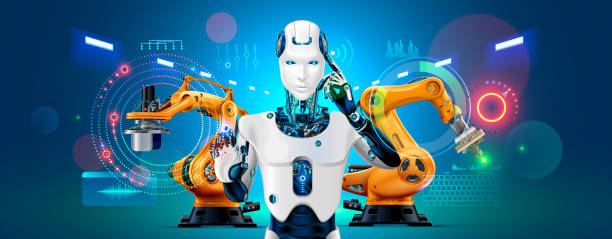 산업 4.0입니다. 인공 지능 제어 생산 라인 공장에 로봇입니다. 로봇 팔입니다. - 로봇공학 stock illustrations