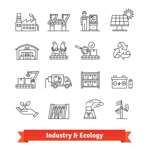 Industry and Ecology thin line art icons set Industry and Ecology thin line art icons set. Production lines, logistics and various types of power stations. Linear style symbols isolated on white. robot clipart stock illustrations