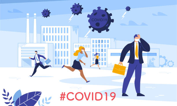Industry Business Crisis due to Coronavirus Attack Industrial Financial Crisis and Business Productivity Failure due to Coronavirus Attack. Frustrated People in Mask Run Away. Man in Panic Wearing Formal Suit Holding Head. Covid19 Hovering over City crisis stock illustrations