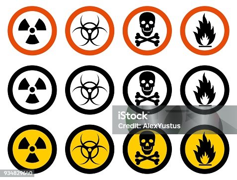 istock Industry concept. Set of different signs: chemical, radioactive, dangerous, toxic, poisonous, hazardous substances. Vector illustration. 934829640