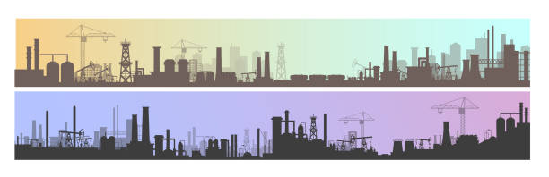 Industry, factory and manufacture landscape vector illustration, cartoon flat industrial panoramic area with manufacturing plants background Industry, factory and manufacture landscape vector illustrations. Cartoon flat industrial panoramic area with manufacturing plants, power stations, warehouses, cooling tower silhouettes background plant silhouettes stock illustrations