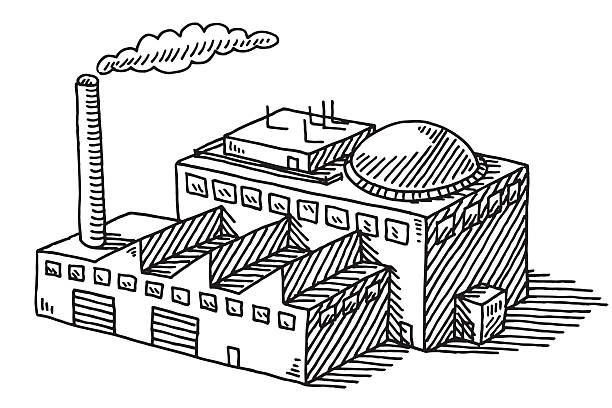 Industry Factory Building Drawing Hand-drawn vector drawing of an Industry Factory Building. Black-and-White sketch on a transparent background (.eps-file). Included files are EPS (v10) and Hi-Res JPG. factory drawings stock illustrations