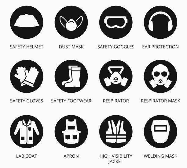 stockillustraties, clipart, cartoons en iconen met industry health and safety protection equipment icons - laboratoriumjas