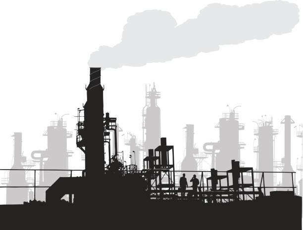 Industry Pollustion Silhouette vector illustration of a factory with smoke coming out of one of the chimneys plant silhouettes stock illustrations
