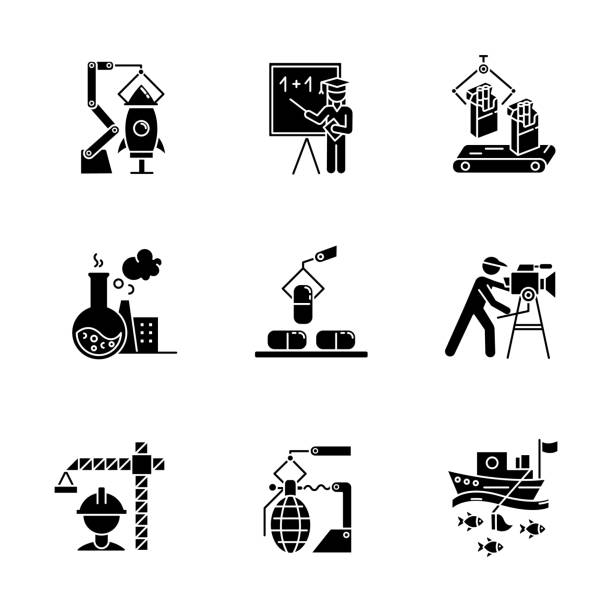Industry types glyph icons set. Aerospace, education, tobacco, chemical, pharmaceutical, filmmaking, construction, arms production, fishing sectors. Silhouette symbols. Vector isolated illustration Industry types glyph icons set. Aerospace, education, tobacco, chemical, pharmaceutical, filmmaking, construction, arms production, fishing sectors. Silhouette symbols. Vector isolated illustration manufacturing silhouettes stock illustrations