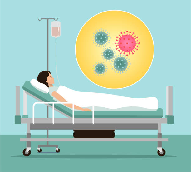 ilustraciones, imágenes clip art, dibujos animados e iconos de stock de mujer infectada - patient in hospital bed