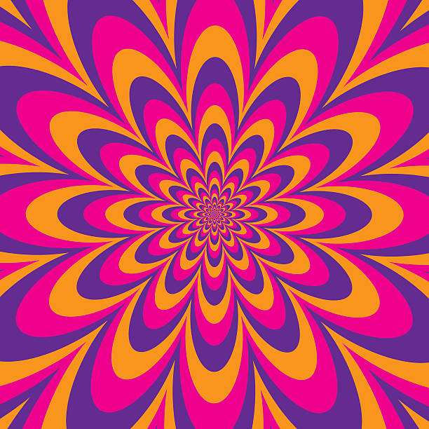 Infinite Flower Infinite Flower optical illusion design in magenta, purple and yellow.  Colors are grouped for easy editing. Zip folder includes AI8 .eps and 5100x5100px .jpeg.  psychedelic stock illustrations